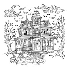 Fototapeta premium Spooky Halloween Haunted Mansion with Gothic Architecture and Bare Trees