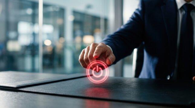 Businessman pushing a glowing red power button on a futuristic table starting a new project launching corporate strategy innovation concept digital transformation leadership and executive control