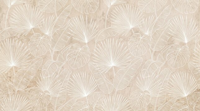 Beige seamless tropical leaf pattern on concrete wall texture, cream palm leaves tile background