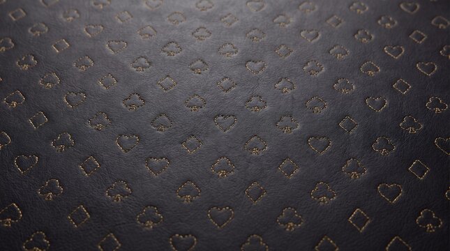 Casino leather texture black card suits pattern luxury seamless background. Dark leather surface features embossed hearts diamonds clubs and spades with subtle gold stitching for casino banners