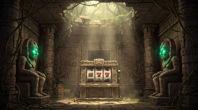 Casino slot machine mayan temple ancient ruins jackpot mystery archaeology. Stone slot machine displaying triple sevens stands inside a shadowy carved Mayan temple chamber for historical fantasy