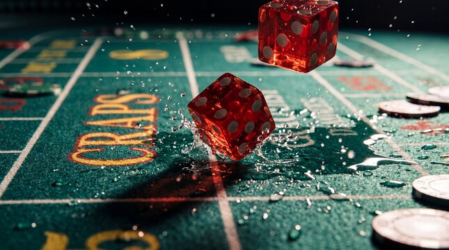 Casino dice red craps table gambling rolling chips action splash. Two transparent red dice strike a green craps table and scatter droplets beside gaming chips for casino advertising campaigns