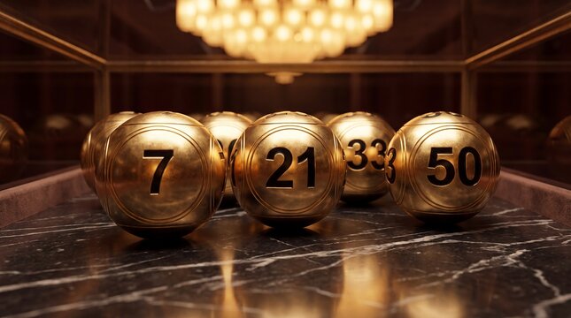 Lottery balls golden numbers marble luxury jackpot gambling elegant winner. Four polished gold lottery balls numbered seven twenty one thirty three and fifty rest on marble for casino banners