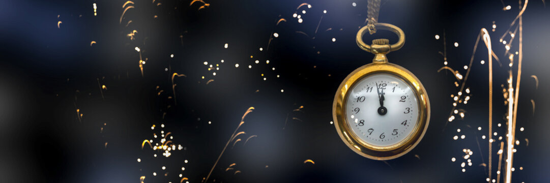 happy new year background with golden retro countdown clock isolated on abstract glittering fireworks at midnight, copy space on festive new years eve banner