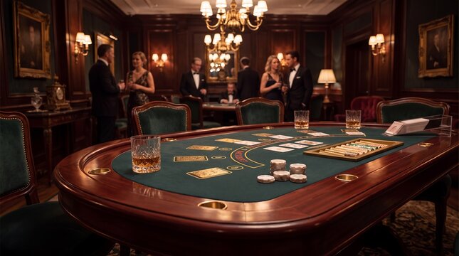 Casino baccarat table cards chips luxury gambling players elegant salon. Baccarat table with cards chips and drinks fills a private gaming salon while elegant guests socialize for event campaigns