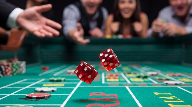 Casino dice rolling craps table players gambling action chips excitement. Red dice bounce above a green craps table while excited players watch from the background for entertainment marketing