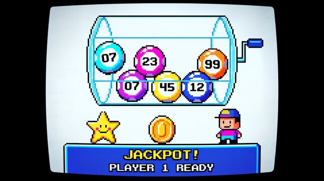 Lottery pixel art game machine balls jackpot retro screen arcade. Retro pixel display shows a lottery drum with numbered balls and a ready player jackpot message for promotional backgrounds