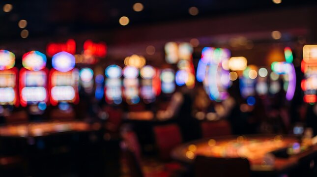 Casino floor lights bokeh slot machines blurred nightlife gaming background. Defocused rows of illuminated slot machines create a colorful atmospheric casino interior for gaming venue websites
