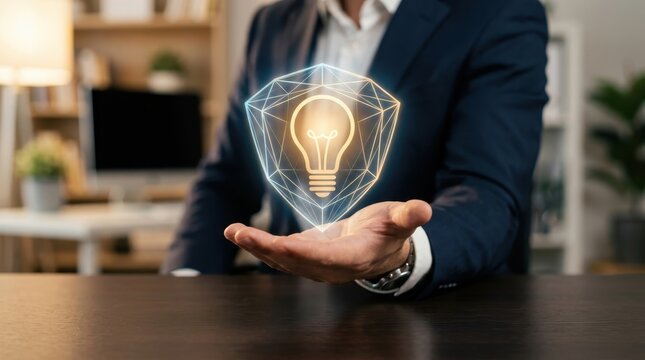 Businessman holding glowing light bulb hologram in hand innovative business solution concept creative idea generation startup strategy futuristic technology and digital transformation in office