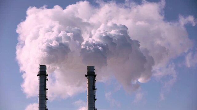 Industrial Smoke Emissions From Twin Chimneys Creating Large Pollution Cloud Over Sky
