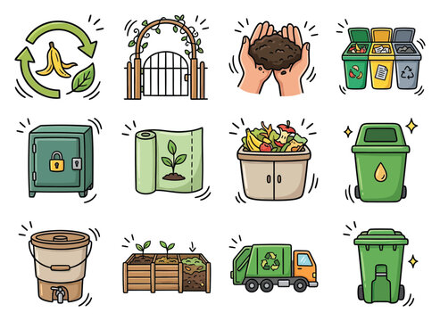 Composting collection of icons showing waste sorting and organic recycling while promoting sustainability and gardening