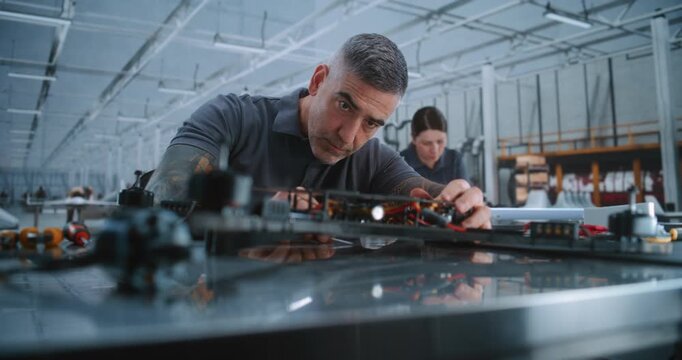 Experienced Male Technician Constructs FPV Drone Frame on Modern Production Line. Man Demonstrating Skilled Manual Assembly and Advanced Aerospace Manufacturing in Industrial Defense Facility.