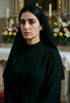 Faith and spirituality, young nun in traditional black habit praying inside a church with floral altar decorations and candles for religious devotion