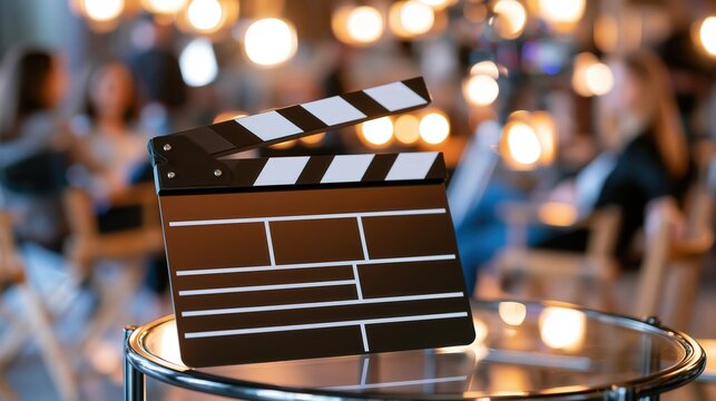 A  clapperboard is positioned on a table in a dimly lit, bokehfilled restaurant.