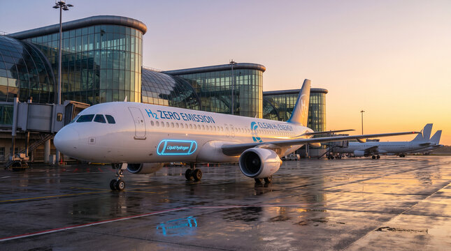 Next Generation Hydrogen Powered Commercial Aircraft At Airport Tarmac
