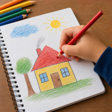 La mano di un bambino disegna una casa sul quaderno con una matita