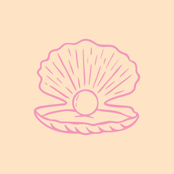 Open Seashell with Pearl Vector Illustration Line Art