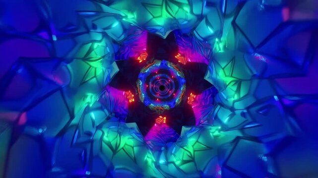 Abstract glowing crystal tunnel moving forward through a vibrant neon geometric space