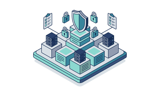 Creative Isometric of Secure Cloud Servers with Checklists and Locks for Data Protection with high quality professional line art symbols for modern creative design and digital branding projects
