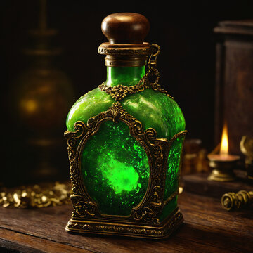 Antique green glass potion bottle with glowing liquid and ornate metal decoration on a dark rustic wooden surface, magic alchemy still life