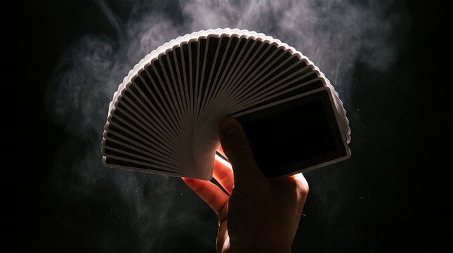 Cards fan hand deck gambling backlight smoke playing dark skill A hand holds a broad fan of playing cards against drifting smoke and a dark background for casino entertainment poster designs