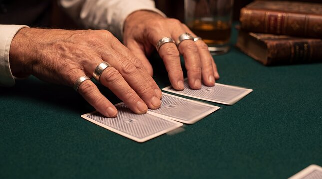 Hands cards dealing green felt gambling rings table playing closeup Ringed hands slide three cards face down across green felt beside books and a drink for card game event campaign materials