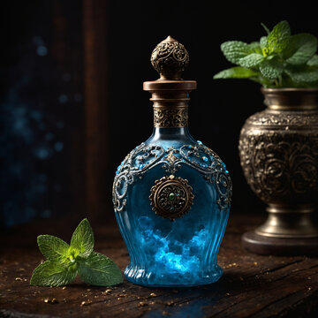 Antique blue glass potion bottle with glowing liquid and ornate metal decoration on a dark rustic wooden surface, magic alchemy still life