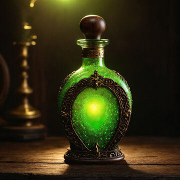 Antique green glass potion bottle with glowing liquid and ornate metal decoration on a dark rustic wooden surface, magic alchemy still life