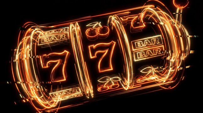 Slots neon reels seven casino gambling orange glowing machine symbols Orange neon slot reels show sevens and fruit with a digital glitch effect on black for online casino campaign banner designs