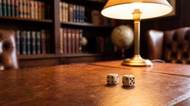 Dice white pair leather table library gambling lamp warm interior Two white dice rest on a brown leather desk beneath a brass lamp in a book lined room for gaming accessory catalogue advertisements