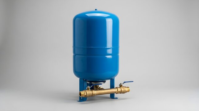 Studio shot of blue vertical water expansion pressure tank vessel with brass manifold pipe assembly for domestic water pump booster system.