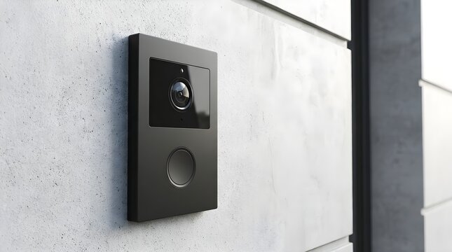 Close up of modern black smart video doorbell camera with button mounted on exterior concrete wall for home entrance security and monitoring.