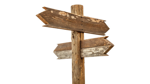 Rustic blank wooden directional signpost pointer for paths and trails isolated on transparent background