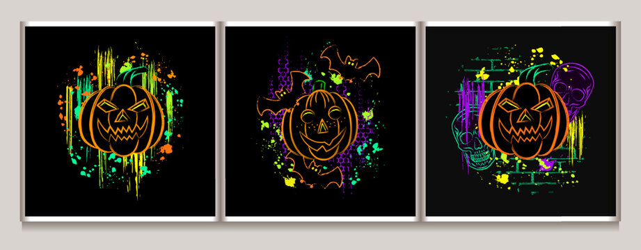 Set of Halloween compositions with traditional carved pumpkin, jack o lantern, neon fluorescent paint strokes, ink splatters, paint drips behind. Grunge style. Isolated on black