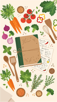 Vegan family recipe book surrounded by colorful vegetables, herbs, wooden utensils and handwritten-style recipe cards without readable text, home cooking, 2d flat vector, World Vegan day