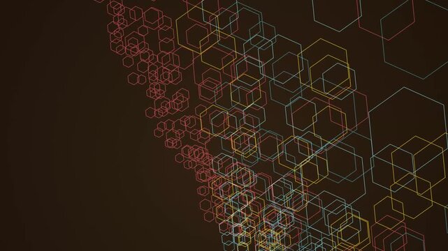 Colorful hexagon patterns float across a dark space creating a rhythmic flow of geometric linear shapes