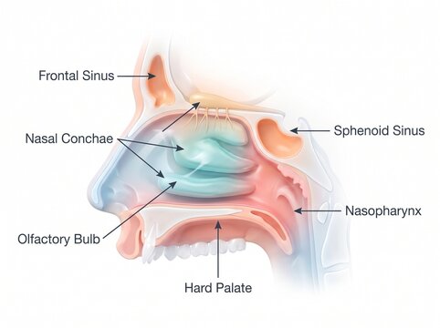 Medical illustration of human nasal anatomy showing sinuses and olfactory structures