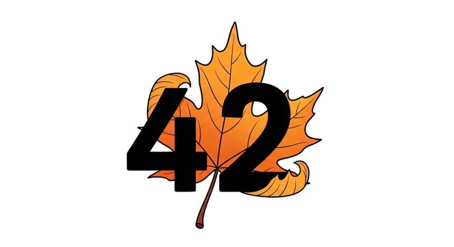 Number 42 superimposed on a vibrant orange autumn maple leaf, symbolizing the season's change and the concept of 'the answer'.
