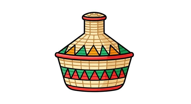 Traditional Ethiopian Meskel Basket Illustration with Colorful Geometric Patterns and Lid