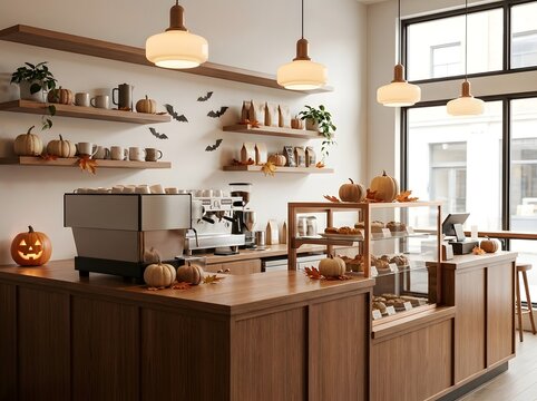 Halloween coffee shop interior with pumpkins and autumn decor