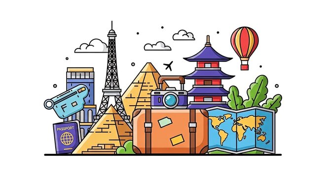 Vector illustration of world landmarks, travel essentials, and transportation for global adventure.