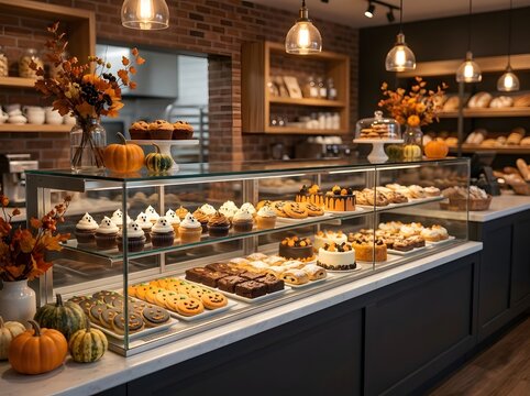 Halloween bakery display with cupcakes cookies and pumpkins