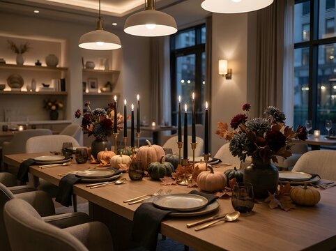 Halloween restaurant decor with pumpkins candles and autumn flowers