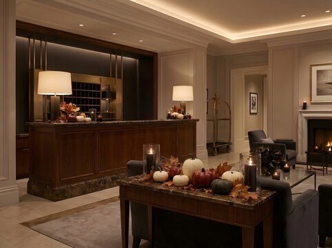 Halloween hotel lobby with pumpkins and autumn decor