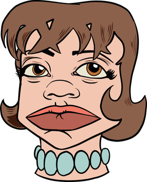ustraci&oacute;n estilizada de caricatura de una mujer con peinado cl&aacute;sico y collar de cuentas. Ilustraci&oacute;n vectorial