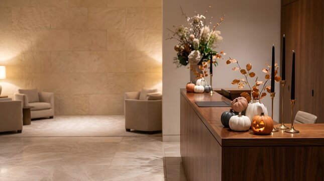 Halloween hotel reception with pumpkins and autumn decor