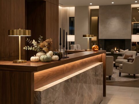 Halloween hotel reception with pumpkins and candles