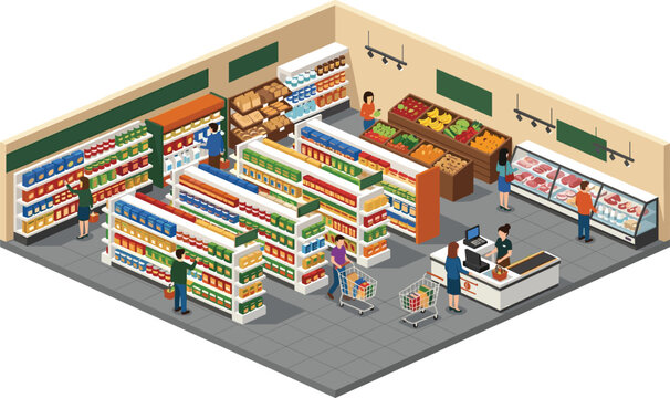 Isometric Supermarket Interior Vector Illustration Featuring Grocery Store Aisles Shelves Food Displays Checkout Counter Refrigerators and Shopping People Characters