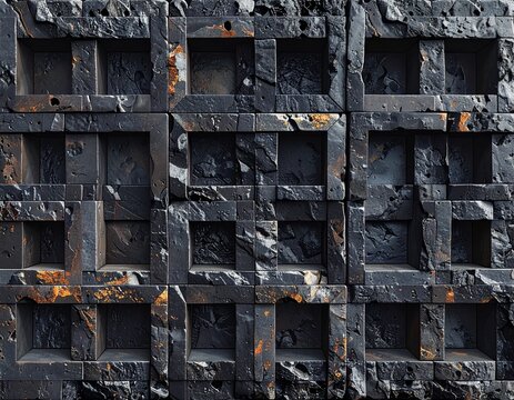 Seamless Pattern of Interlocking Well Crib Square Grid in Dark Basalt Texture