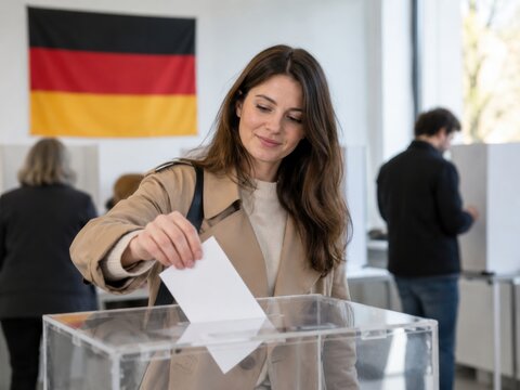 Junge W&auml;hlerin gibt bei einer demokratischen Wahl in Deutschland ihren Stimmzettel in eine transparente Wahlurne. Im Hintergrund stimmen weitere B&uuml;rger im hellen Wahllokal ab.
